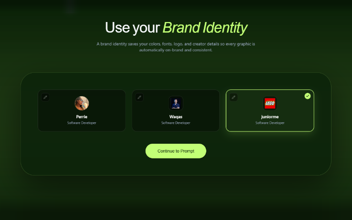 Visly brand identity selector: save your colors, fonts, logo, and creator details