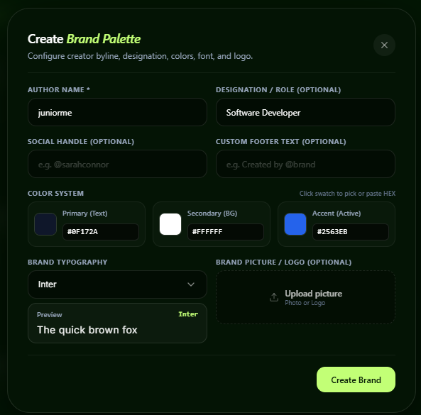 Visly brand palette settings: configure author name, designation, custom color system, typography, and logo